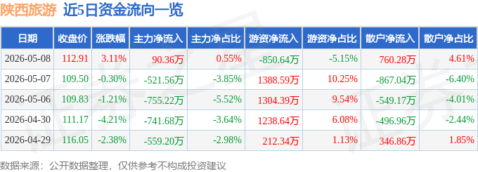 股票行情快報：陝西旅遊（603402）5月8日主力資金淨買入90.36萬元