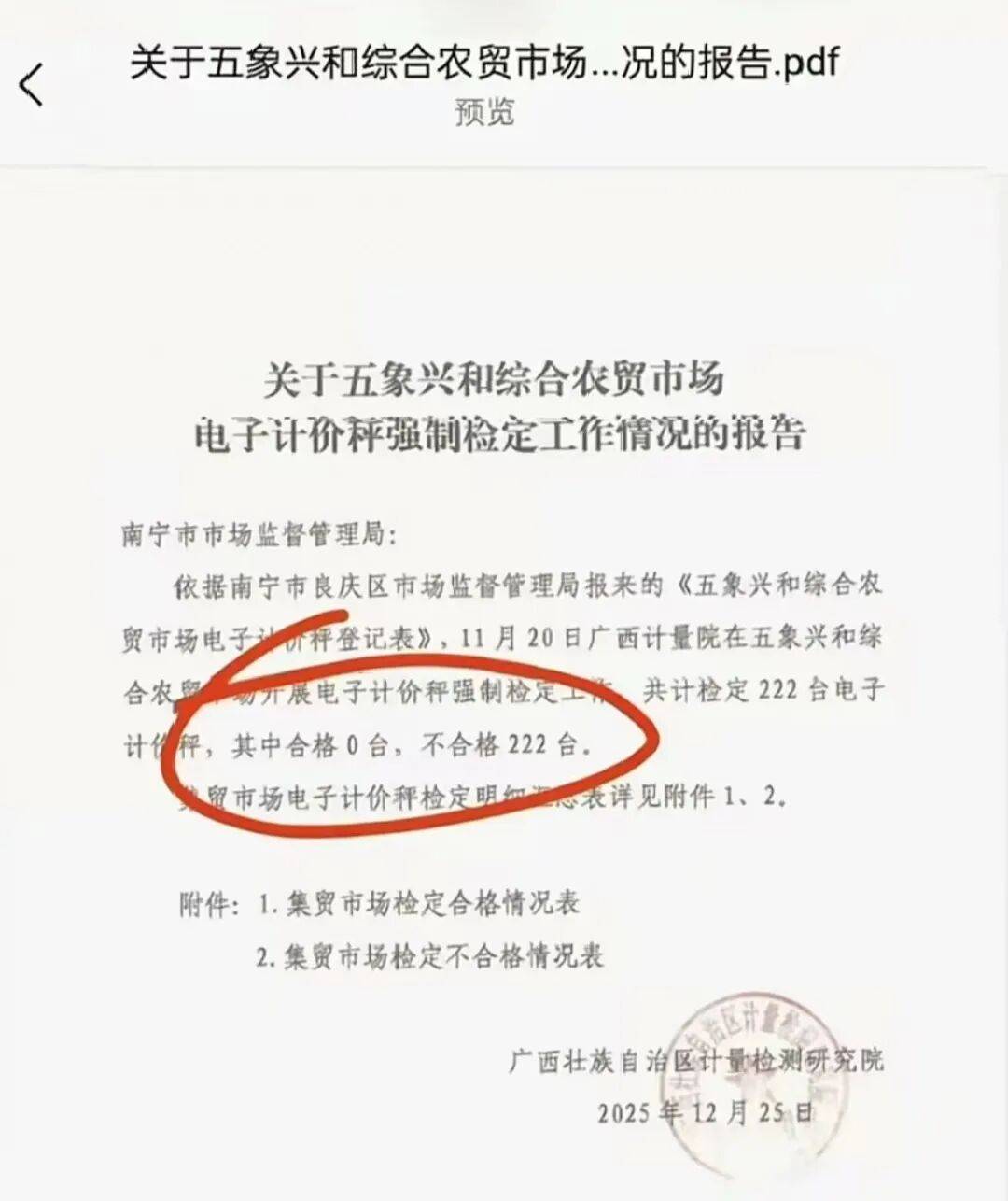 廣西南寧一農貿市場222臺電子秤被檢定0臺合格引關注，當地市監局回應