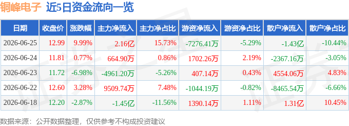 銅峰電子（600237）6月25日主力資金淨買入2.16億元