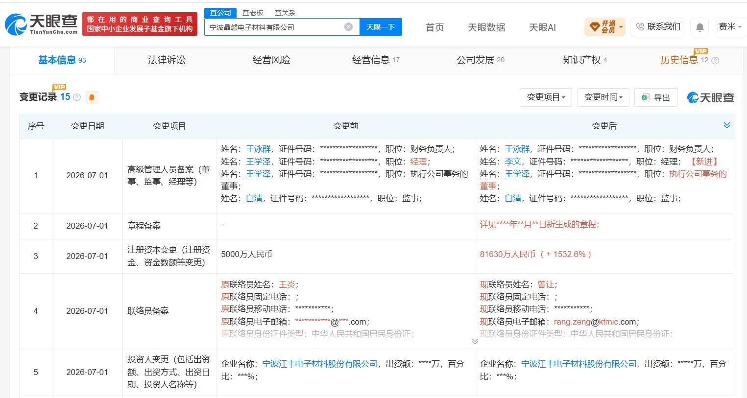 江豐電子旗下晶磐電子材料公司增資至8.2億 增幅約1533%